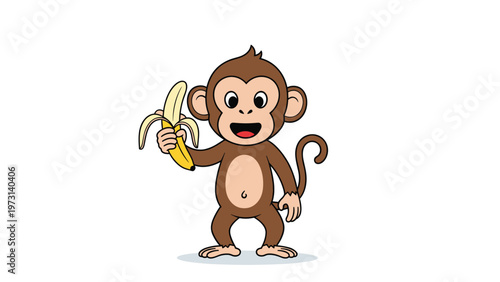 Playful cartoon monkey standing and holding a partially peeled banana with a wide open-mouthed happy expression and smile.