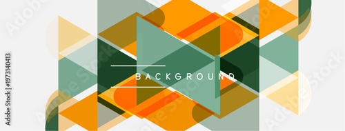 Abstract geometric shapes overlap, creating dynamic visual texture. Orange, green, gray tones dominate composition. Minimalist design with text element.