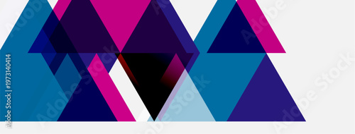 Abstract geometric composition. Overlapping triangles create vibrant pattern. Modern design with cool, warm hues. Minimalist aesthetic.