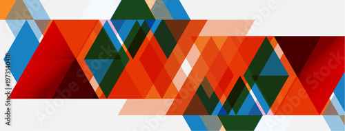 Abstract geometric design. Orange, blue, green triangles overlap white background. Modern, dynamic composition. Simple shapes create visual interest.