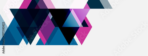 Abstract geometric shapes, triangles dominate composition. Purple, navy, pink hues contrast white background. Modern design element.