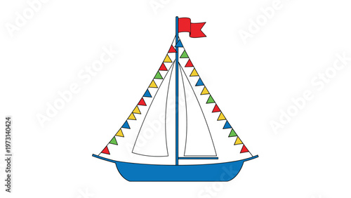 Simple blue sailboat with white sails decorated with rows of colorful triangular flags and a red pennant at the mast top.