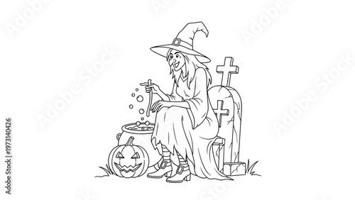 Spooky coloring page for children showing an old witch cooking a potion in a cauldron in a graveyard next to a pumpkin.