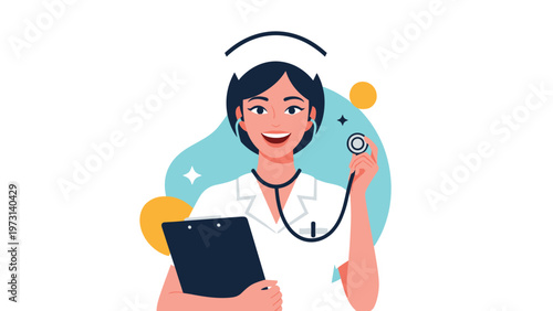 Friendly female nurse in uniform with a stethoscope and a clipboard smiling confidently in a modern medical illustration.
