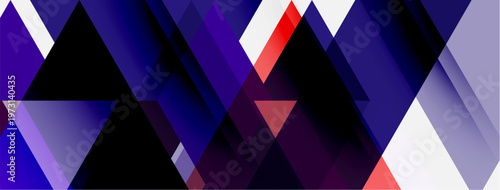 Abstract geometric shapes, triangles, rectangles overlap. Dark blues, purples, whites, red create dynamic composition. Modern design.