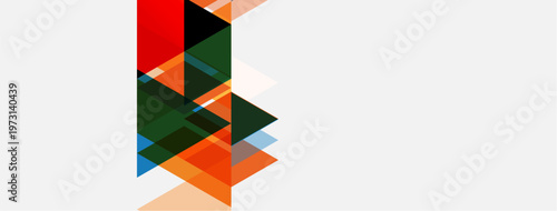 Abstract geometric design. Overlapping triangles create dynamic visual impact. Red, orange, green, blue hues dominate white background.