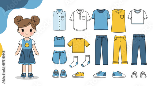 Paper doll style illustration of a young girl with a large variety of clothes, shoes, and socks to mix and match for fashion fun.