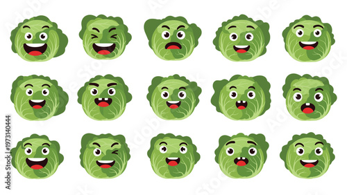 Large set of fifteen green cabbage characters each displaying a unique facial expression and emotion in a fun vegetable mascot set.