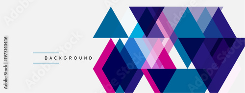 Abstract geometric shapes, triangles, purple hues dominate design. Minimalist style, clean lines, modern aesthetic. Background text present.