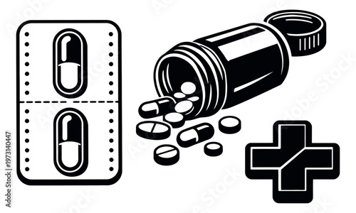 Line art medical set featuring pharmaceutical items and a cross symbol for healthcare and pharmacy designs