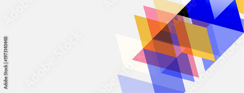 Abstract geometric shapes overlap, creating colorful translucent layers. Minimalist design with white space dominates composition.