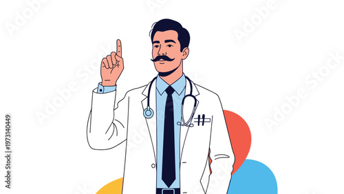 Confident male doctor with a mustache wearing a white lab coat and stethoscope pointing his finger up as if giving advice.