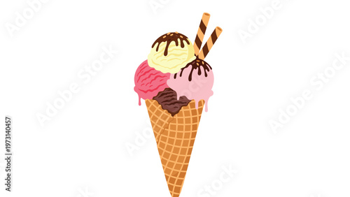 Delicious ice cream cone with three scoops of vanilla, strawberry, and chocolate topped with syrup and wafer sticks.