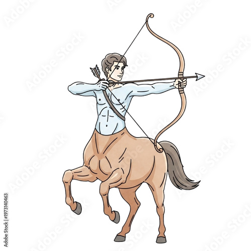 A centaur aims a bow and arrow in a heroic stance outdoors.