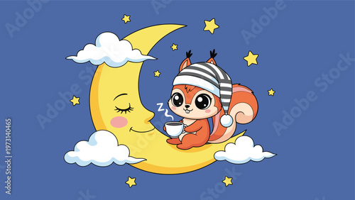 Cute little squirrel wearing a nightcap and drinking a hot beverage while sitting on a sleeping crescent moon in the night sky.