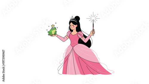 Beautiful princess in a pink ballgown holding a magic wand and looking at a small green frog wearing a crown.