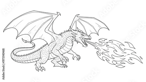 Detailed coloring page for kids featuring a powerful dragon breathing fire while standing in a dynamic and fierce pose.