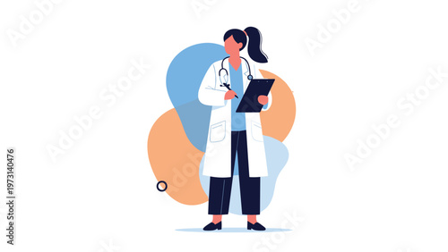 Professional female doctor in a white coat and stethoscope holding a clipboard and pen for medical records.
