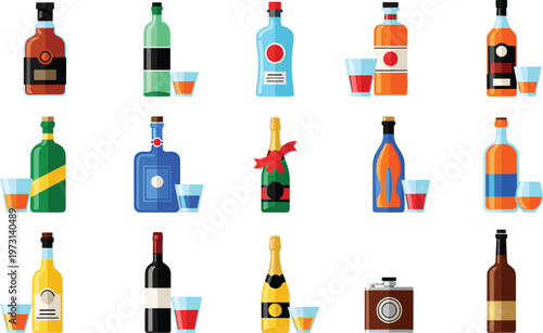 Alcohol Beverage Icon Set Featuring Whiskey, Wine, Vodka, Champagne, and Liquor Bottles with Glasses for Bar, Party, and Drink Design