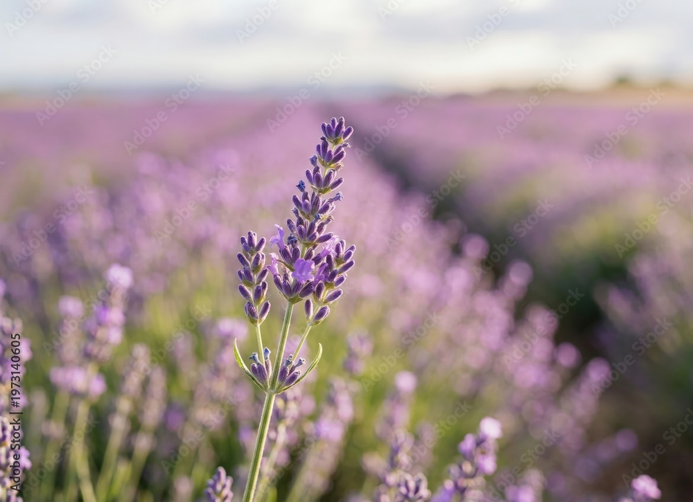 Obraz premium Generated AI Beautiful Lavender Field at Sunset with Soft Focus Purple Flowers Background