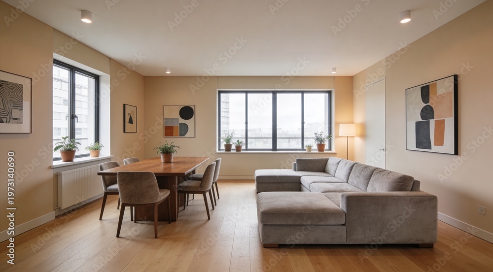 Fototapeta premium Minimalist spacious apartment interior with soft sofa and elegant table