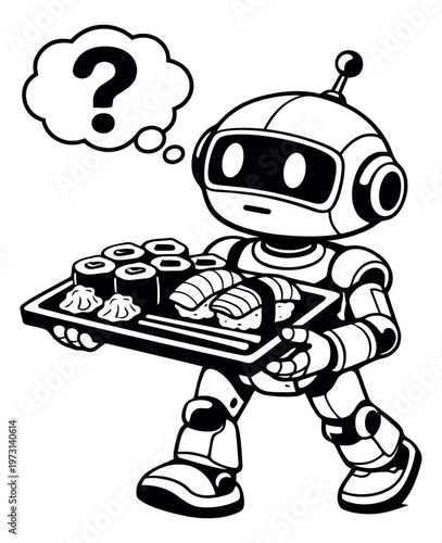 Line art illustration of a robot depicting confusion while carrying a sushi tray for food service design