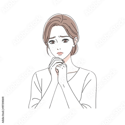 Woman illustrates a worried expression with her hand on her chin.