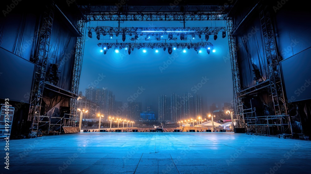 Fototapeta premium Illuminated Concert Stage with Blue Lighting and Foggy Atmospheric Background Ready for Performance