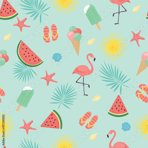 Vector fresh and vibrant seamless pattern with flamingos, juicy watermelon slices, flip-flops, ice cream, palm leaves, seashells, and bright suns, relaxing and playful beachside summer