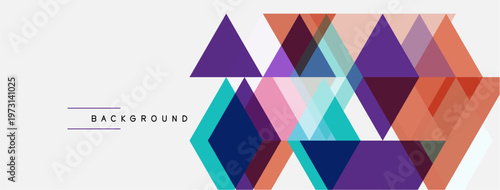 Abstract geometric shapes overlap, creating vibrant color patterns. Triangles dominate composition, set against neutral backdrop.