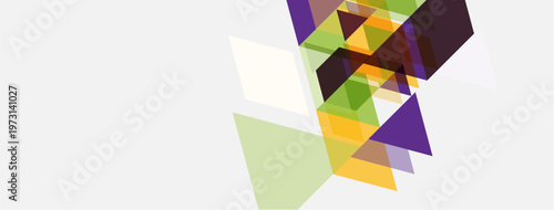 Abstract geometric shapes overlap, creating dynamic composition. Colors include purple, green, orange, white. Minimalist design.