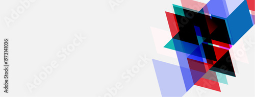 Abstract geometric shapes overlap, creating dynamic visual effect. Colors include red, blue, black, purple. Minimalist design.