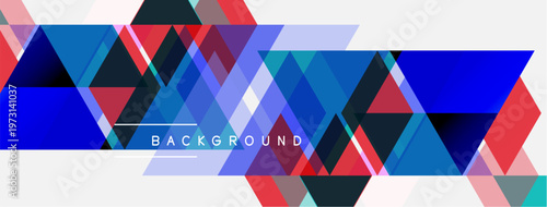 Abstract geometric design. Triangles overlap, creating vibrant blue, red, black patterns on white space. Modern background element.