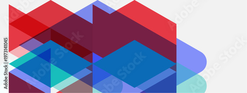 Abstract geometric shapes overlap, creating vibrant color blends. Red, blue, purple hues dominate composition. Modern design.