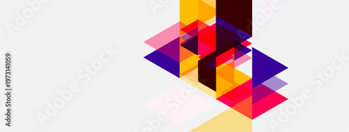 Abstract geometric composition. Overlapping colorful triangles create dynamic visual effect. Minimalist design, modern aesthetic.