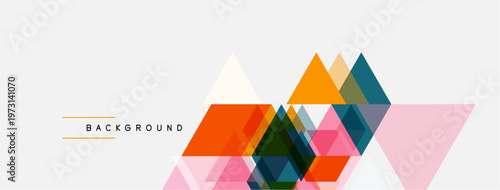 Abstract geometric shapes overlap, creating colorful background. Triangles dominate composition, using orange, pink, blue hues. Minimalist design.