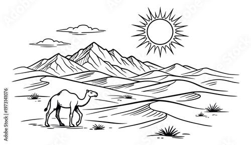 Hand drawn line art illustration of a desert landscape depicting a camel walking past sand dunes, mountains, and a shining sun for nature and travel concepts