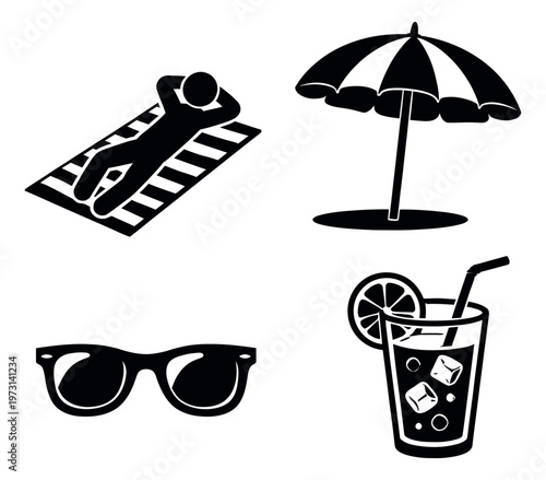 Simple line art summer icons set featuring a relaxing person on a towel, an umbrella, sunglasses, and a cold drink for summer vacation