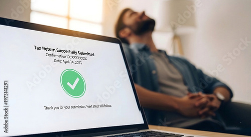 Close up of laptop displaying tax return confirmation message, happy man leaning back in chair after finishing taxes