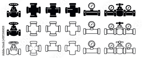 Industrial flat and line art plumbing icon set featuring valves, pressure gauges, and pipe connections for construction, engineering, and water supply systems