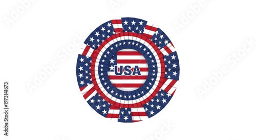 A vibrant vector illustration showcases an American state emblem designed as an icon, blending the stars and stripes of the USA flag in a circular pattern, set against a clean white