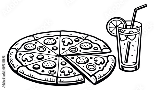 Hand drawn line art food and drink set featuring a whole pizza with a separated slice and a refreshing glass of lemonade for restaurant menus and branding
