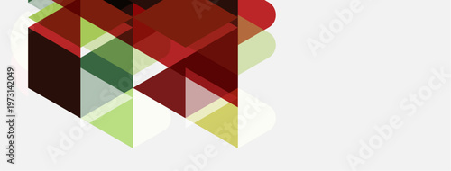 Abstract geometric shapes overlap, creating layered visual effect. Red, green, beige tones dominate composition. Minimalist design.