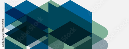 Abstract geometric composition. Overlapping squares, rectangles, triangles create layered visual effect. Cool blues, greens dominate palette.