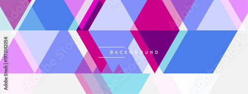 Abstract geometric pattern. Triangles overlap, creating vibrant purple, blue, pink hues. Modern design, suitable background element.