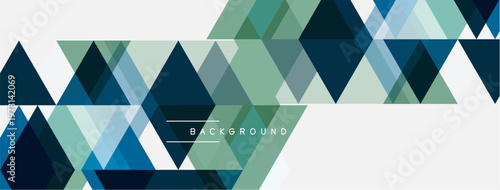 Geometric triangles form abstract pattern. Shades include blue, green, gray. Minimalist design suggests modern aesthetic. Background text present.