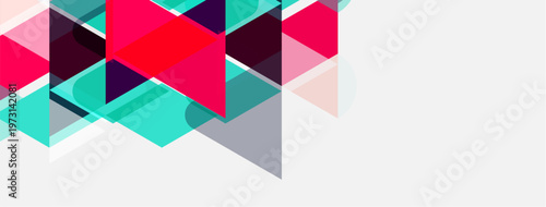 Abstract geometric shapes overlap, creating vibrant color blocks. Pink, teal, purple hues dominate design. Minimalist, modern aesthetic.