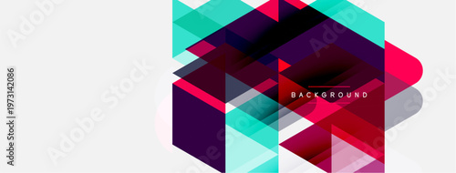 Abstract geometric design. Overlapping squares, triangles create vibrant composition. Modern style, gradient colors present dynamic visual effect.