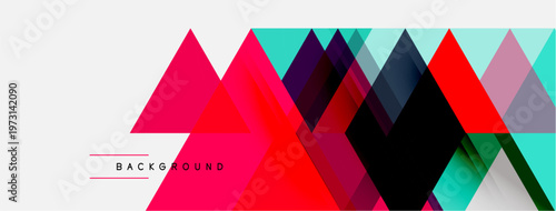Abstract geometric shapes overlap, creating vibrant colorful background. Modern design features triangles, gradients, shadows.
