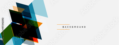 Abstract geometric shapes overlap, creating dynamic composition. Light colors dominate background, with darker accents. Minimalist design.